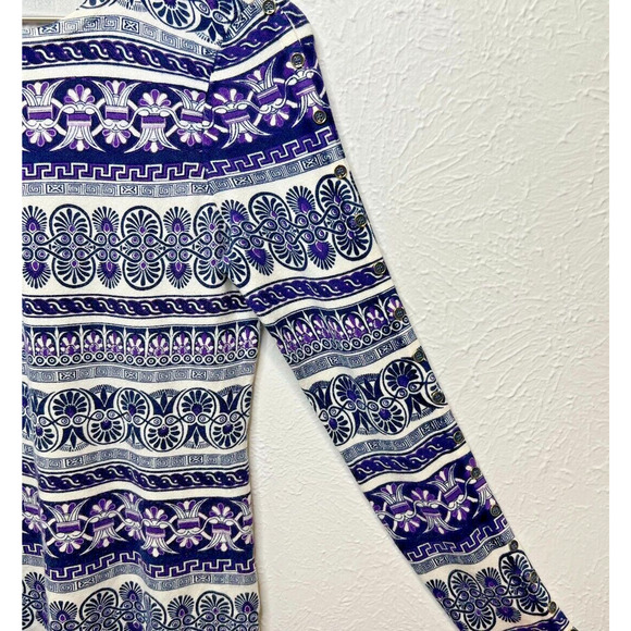 J MCLAUGHLIN Paisley Print Cotton Button Sleeve Sweater Blue Purple Artsy Unique - Picture 3 of 7
